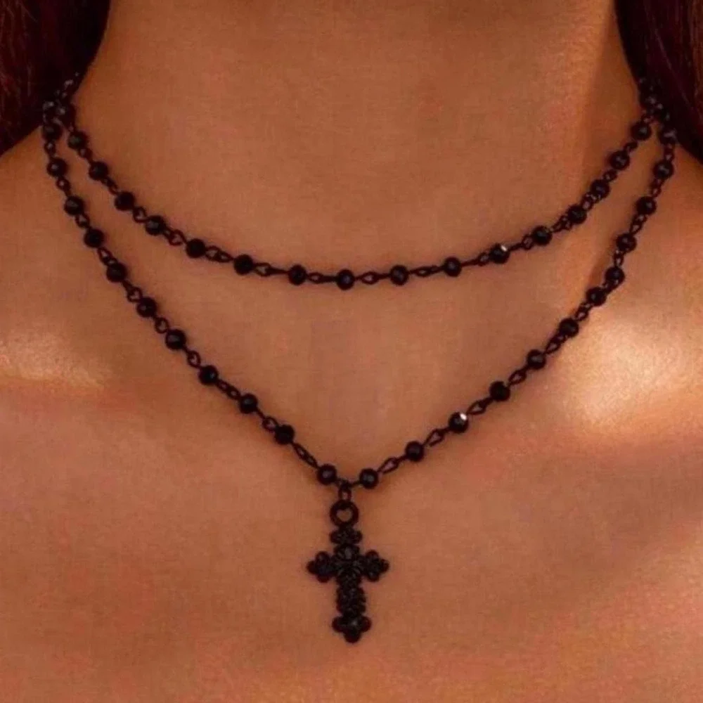Black Beaded Cross Necklace - 2 piece - with adjustable chains